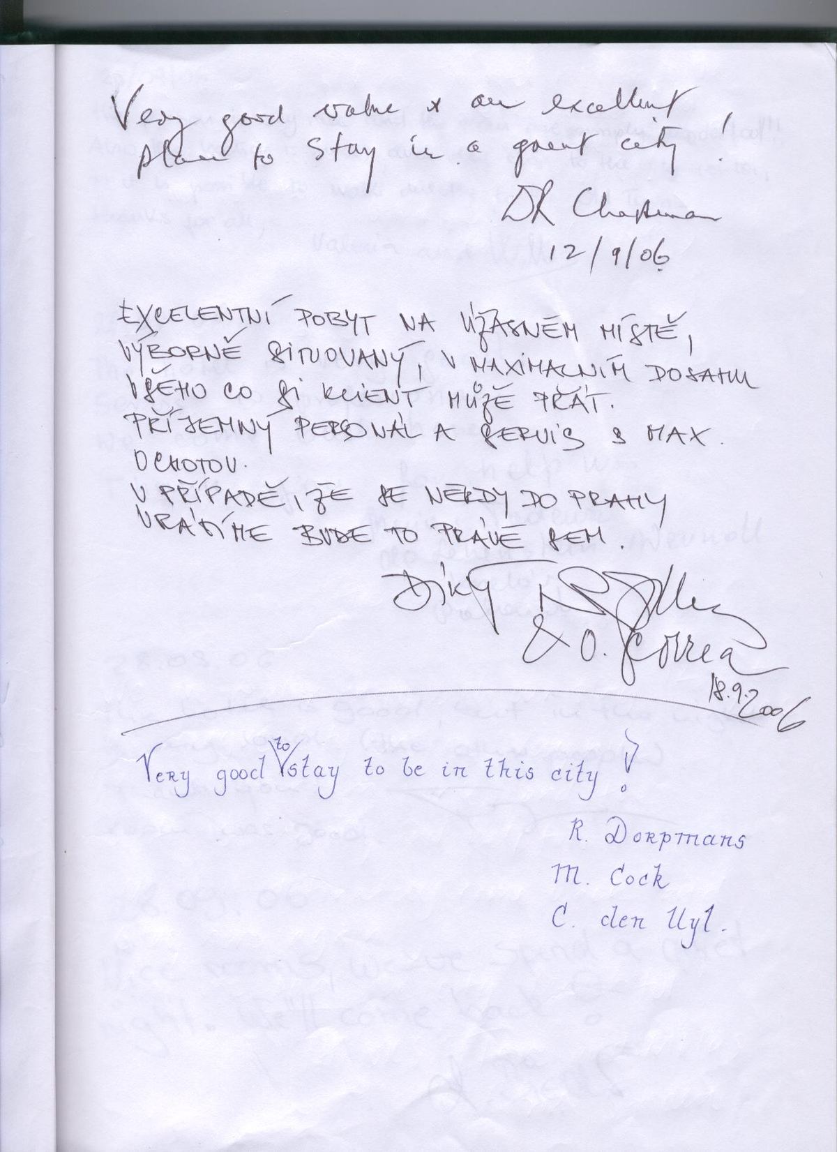Handwritten page from the Hotel Prague City guest book