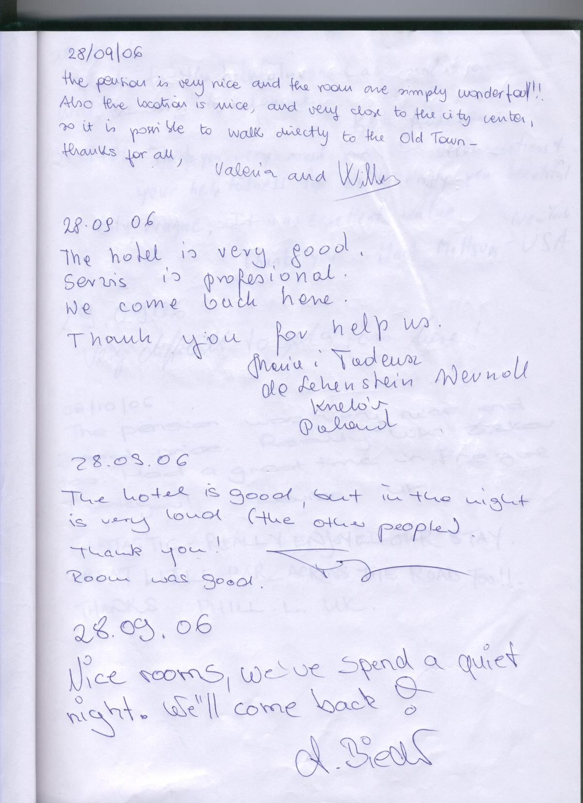 Handwritten page from the Hotel Prague City guest book