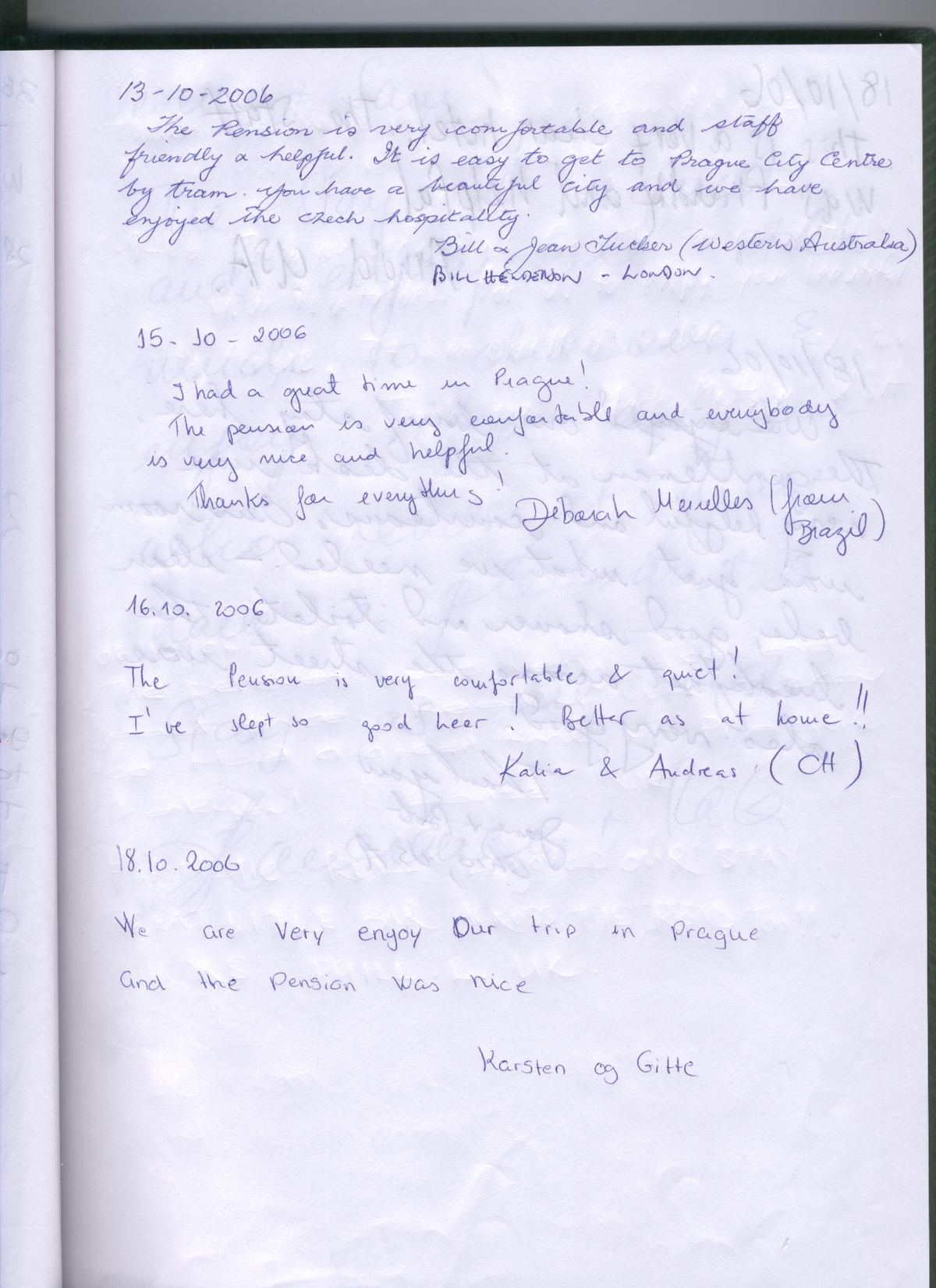 Handwritten page from the Hotel Prague City guest book