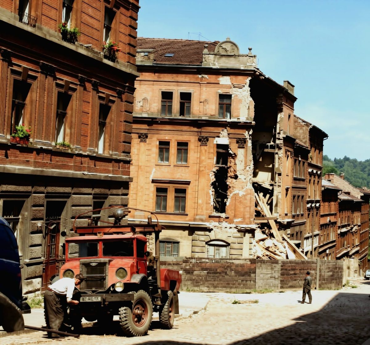 Colourised view of the same damaged house, 1945