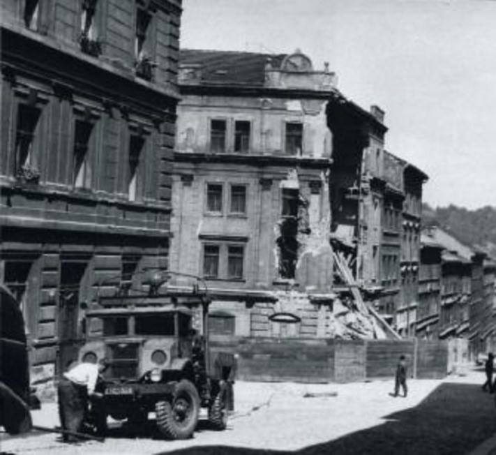Corner house destroyed in the February 1945 air raid on Prague