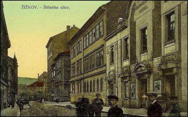 Historic postcard of Štítného street, Žižkov